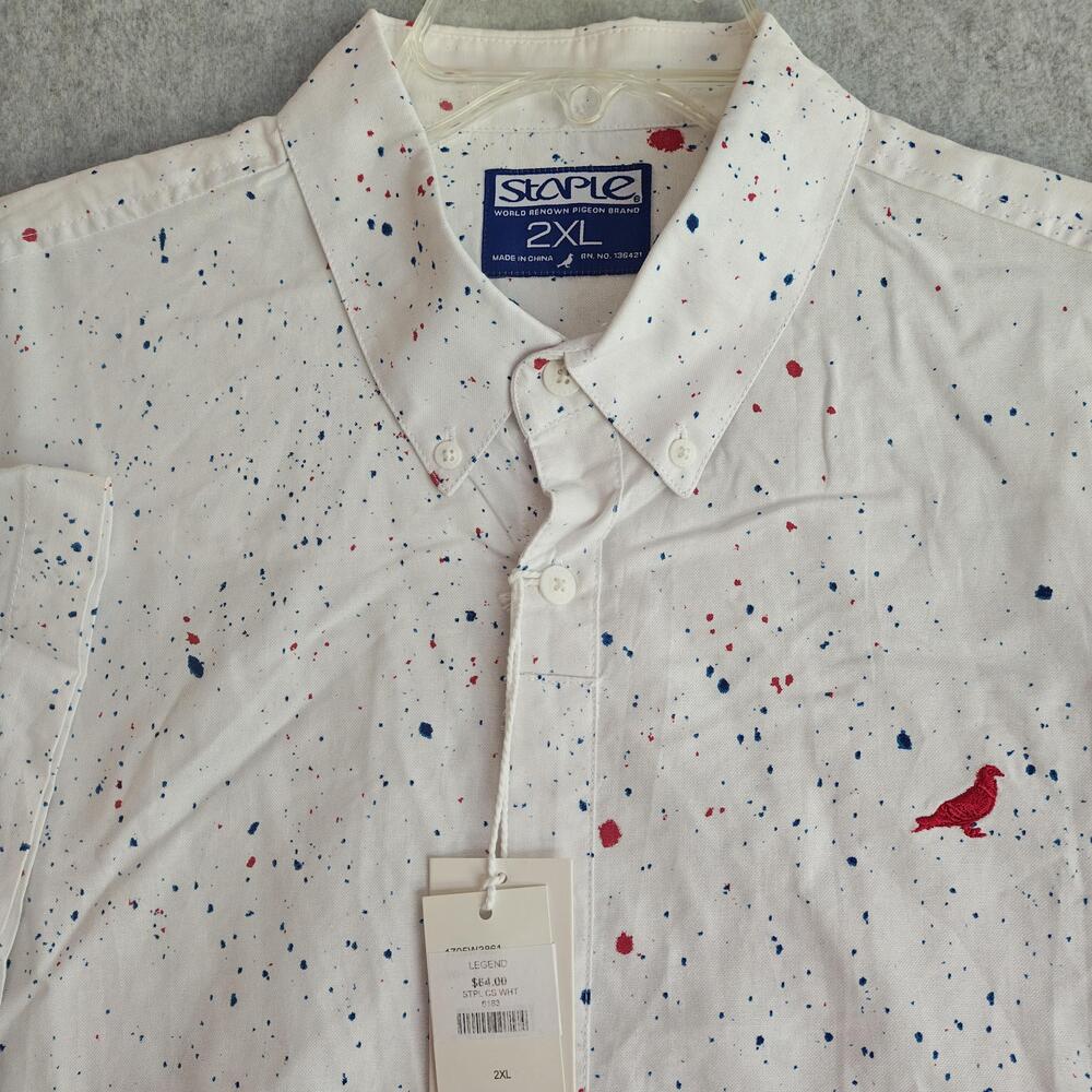 Staple Pigeon Legend Shirt Mens 2XL White Paint Splatter Short Sleeve Button-Up